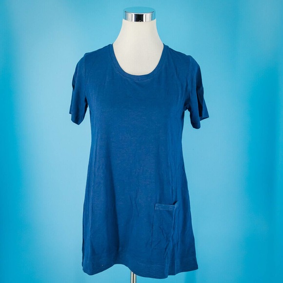 LOGO Lori Goldstein QVC Size XS Blue Cotton Rib Hem Crew Short Sleeve Tunic Top - Picture 1 of 7